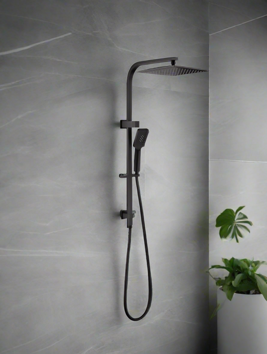 A black square overhead rain shower head with a matching handheld shower head, installed