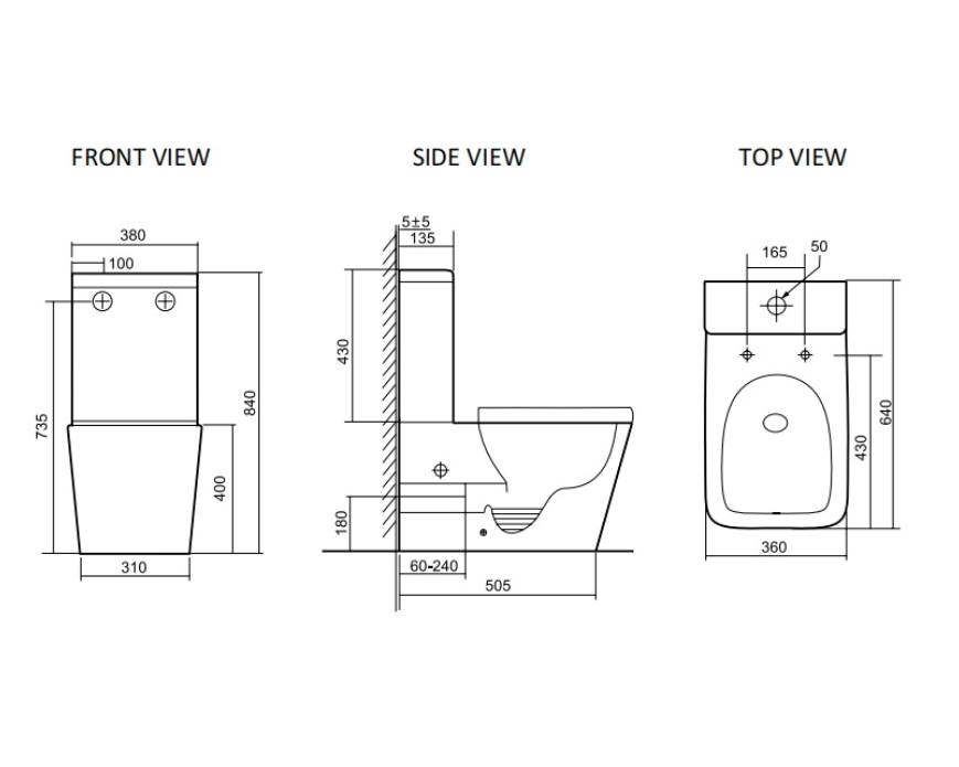 Technical drawings of a sink showing front, side, and top views with dimensions.
