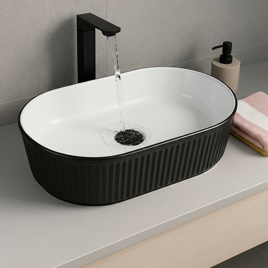 Ribbed Oval Ceramic Basin – Matte Black & White