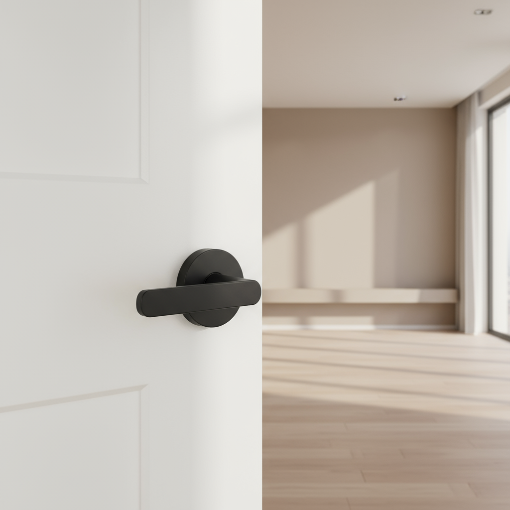 Black door handle on a white door