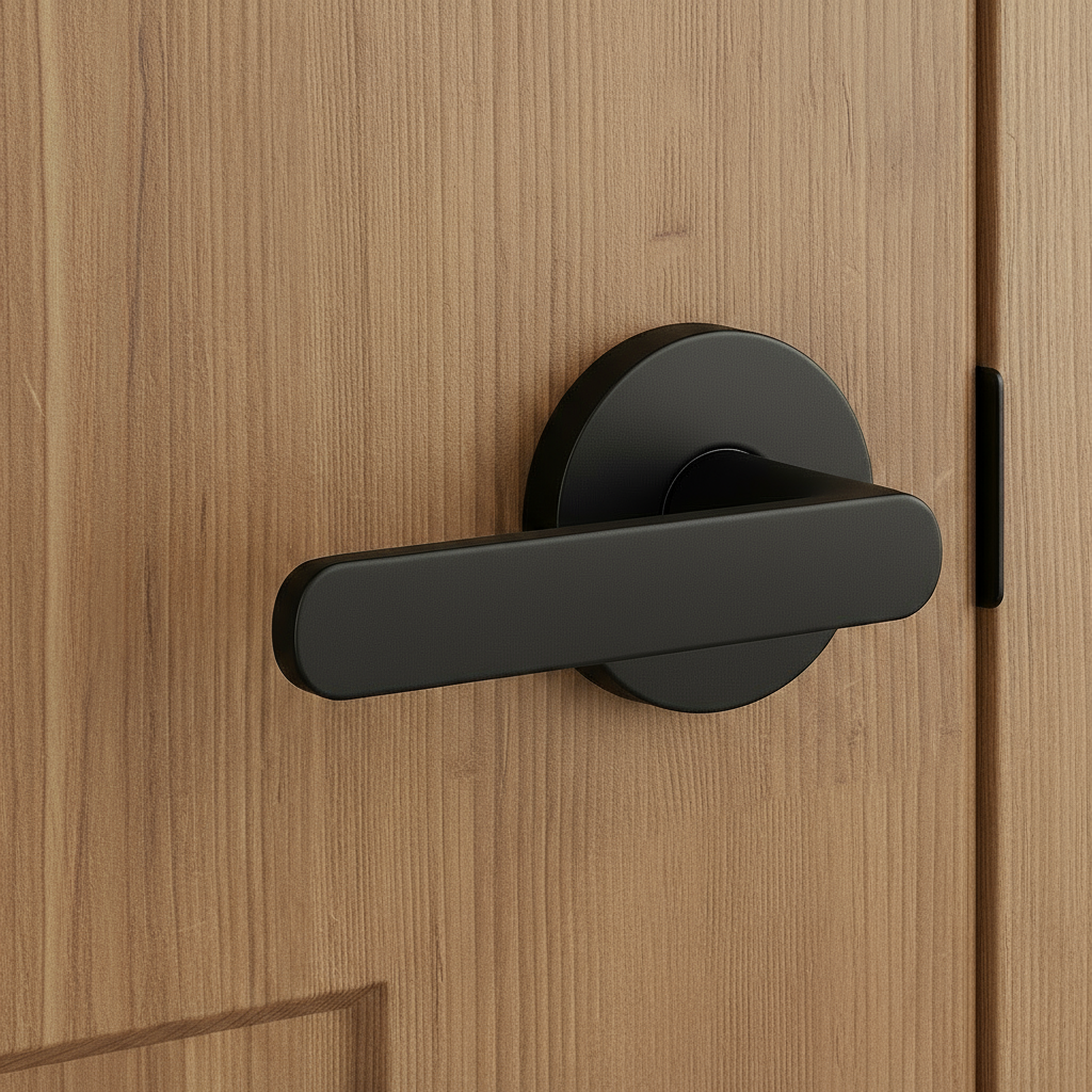 Black door handle on a wooden door