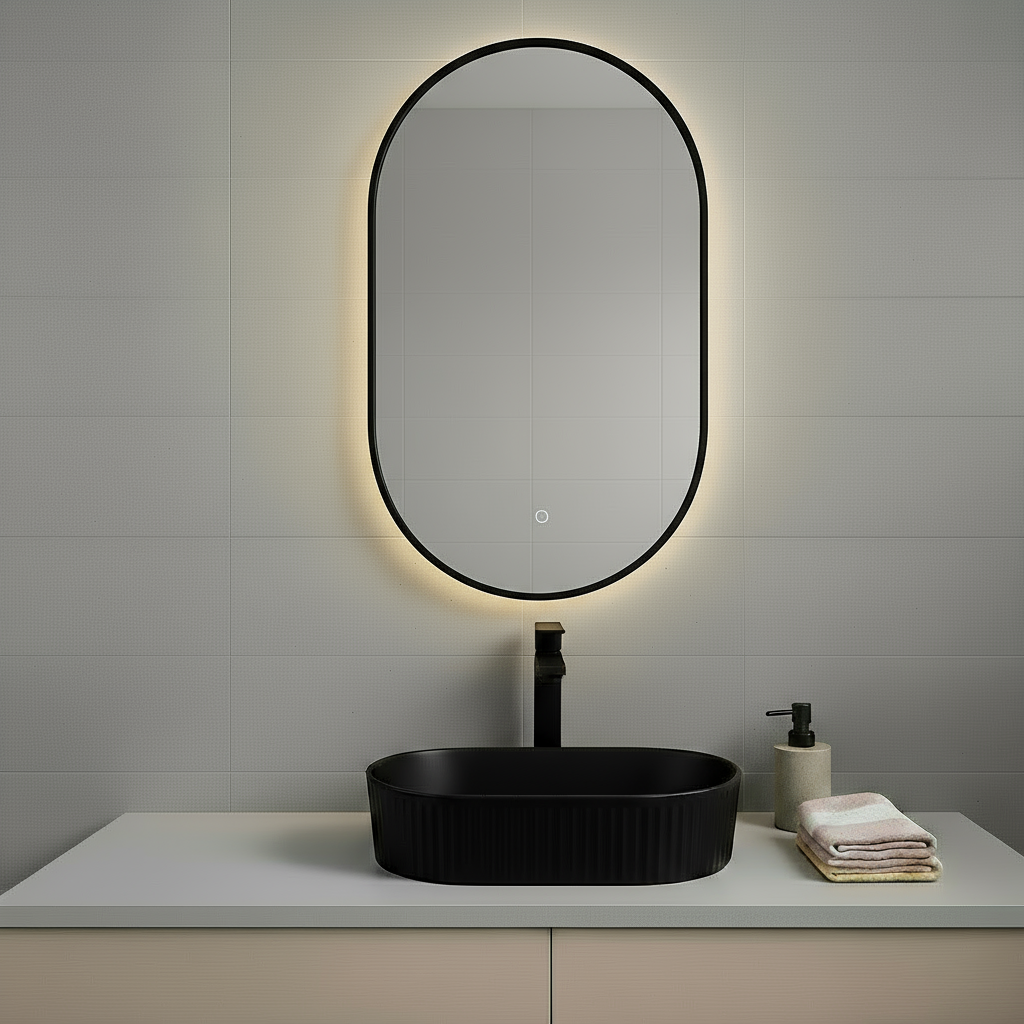 Ribbed Oval Ceramic Basin – Full Matte Black