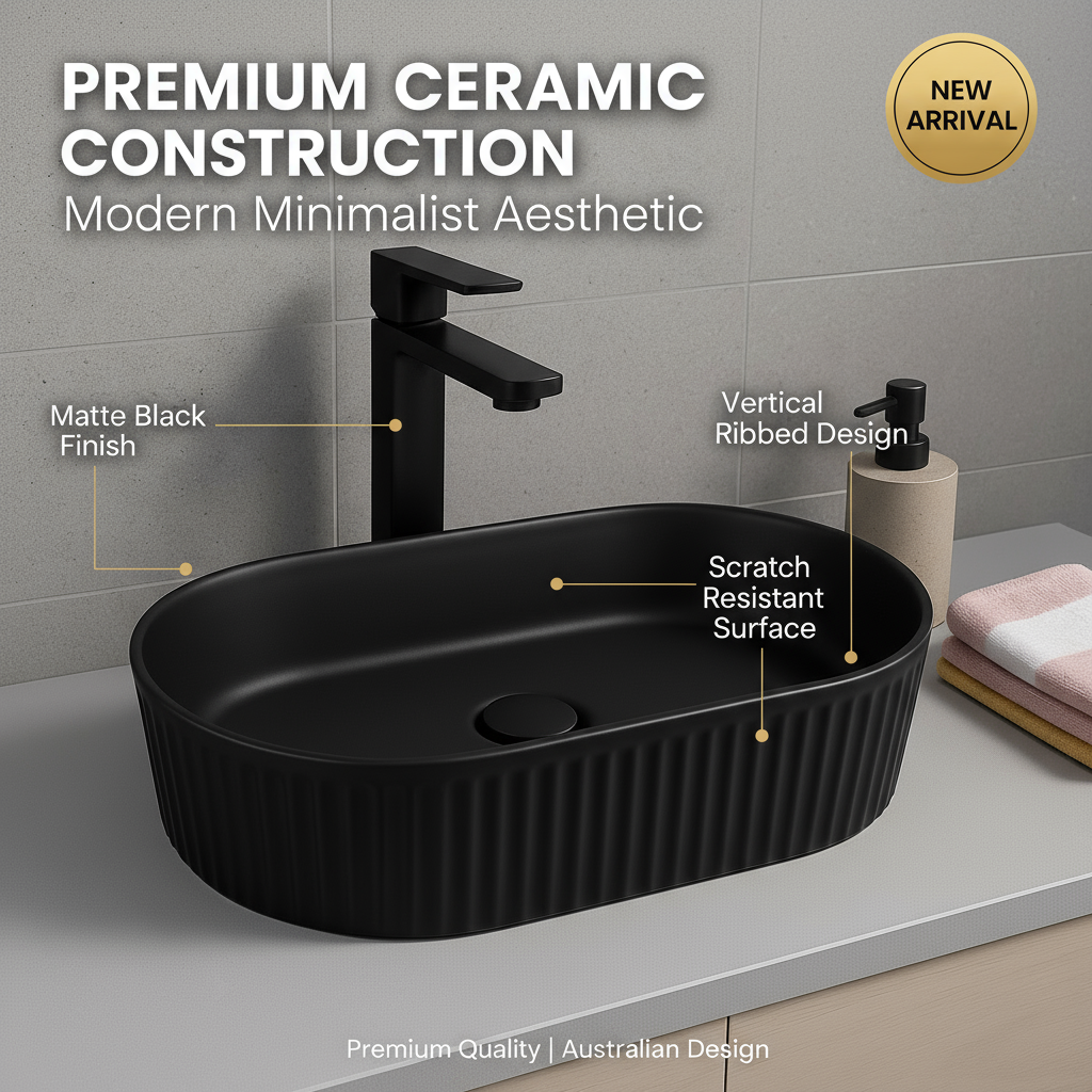 Ribbed Oval Ceramic Basin – Full Matte Black