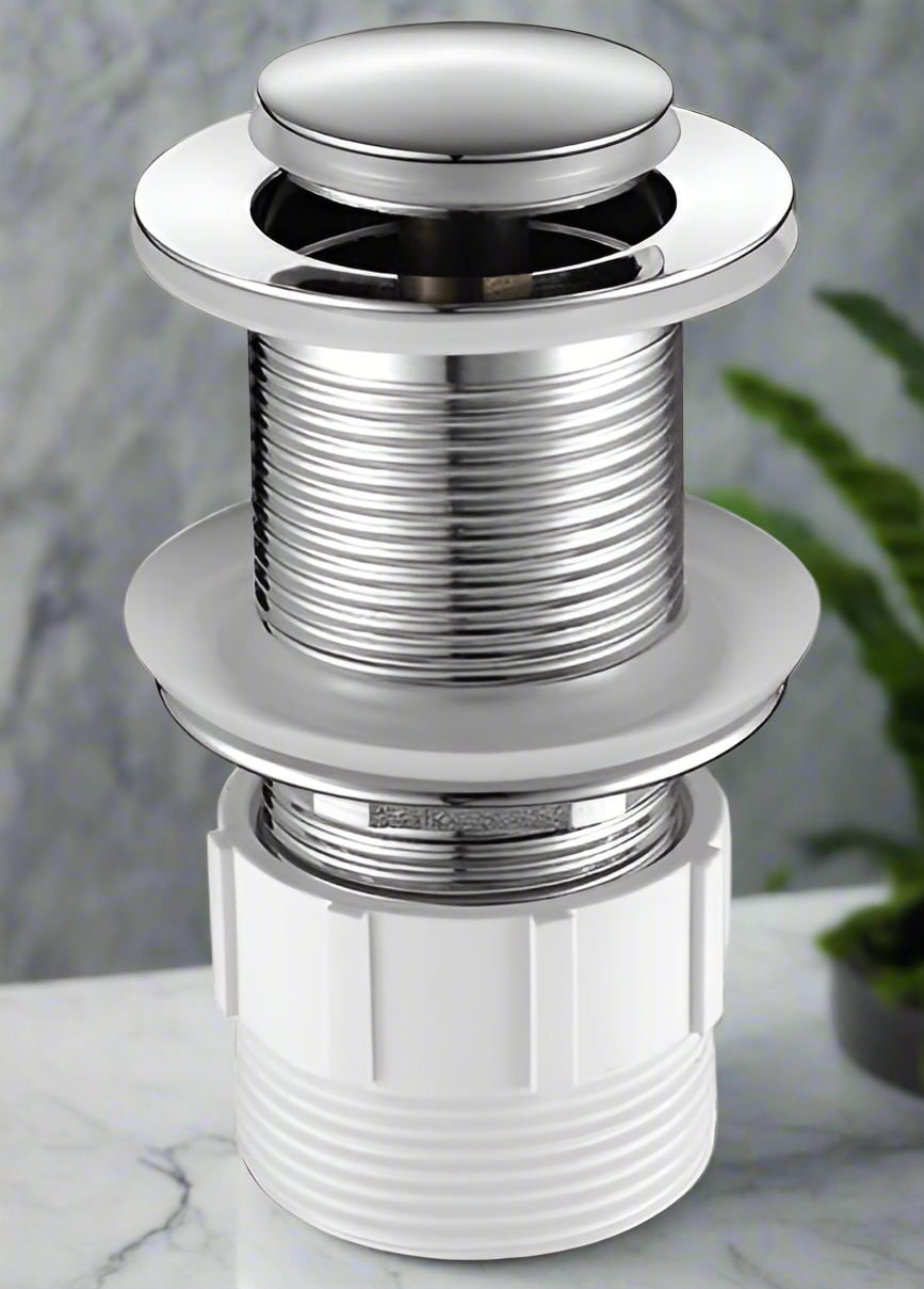 Chrome pop up basin waste with non-overflow feature, showing the push button and the metal structure