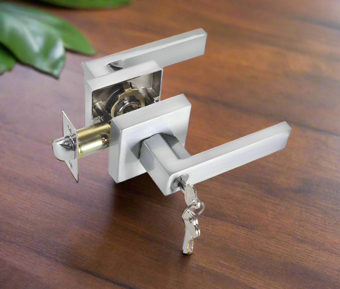 Heavy-Duty Square Plate Entry Door Handle Lock Set silver color attached a key