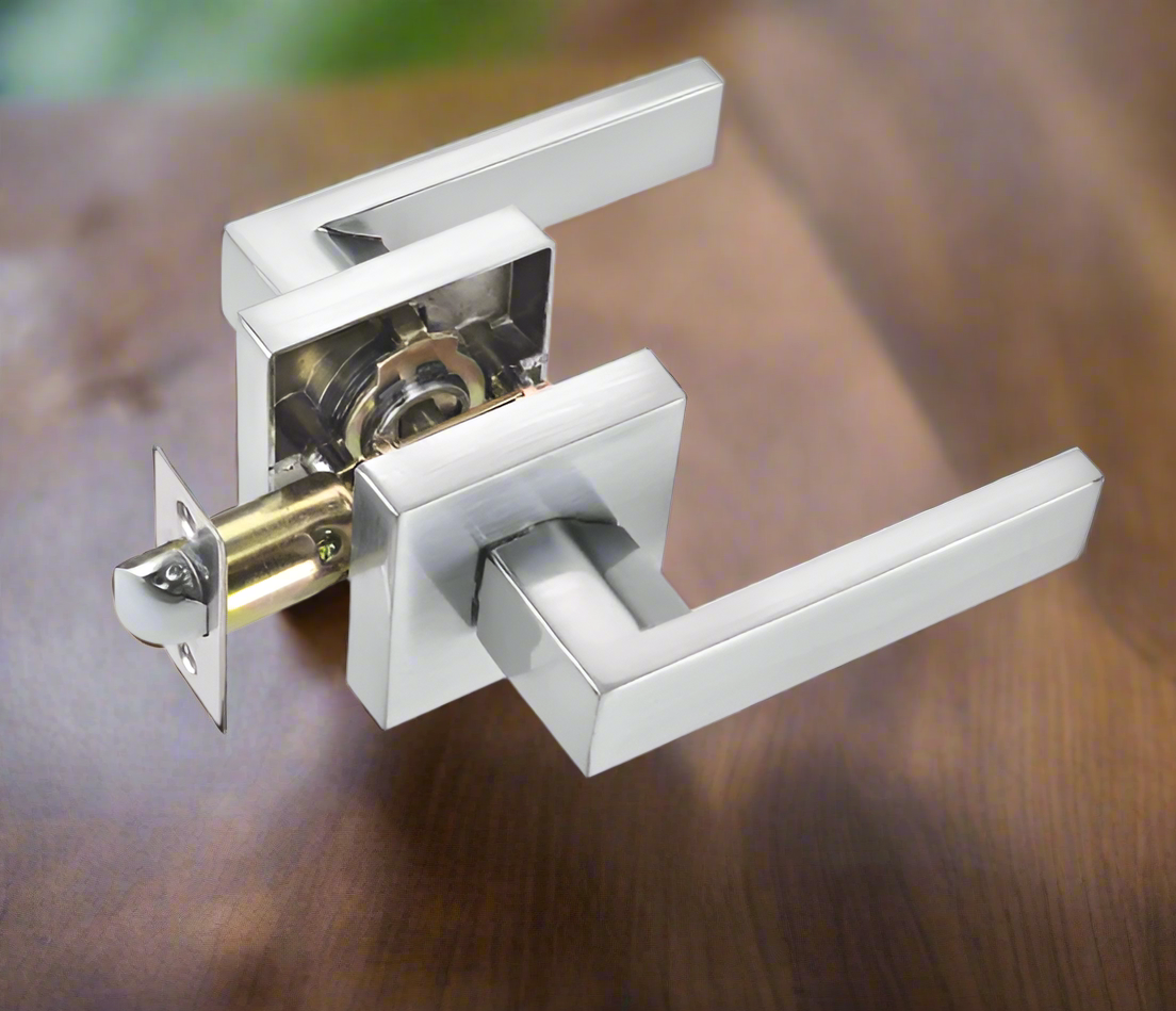 A silver door handle set .