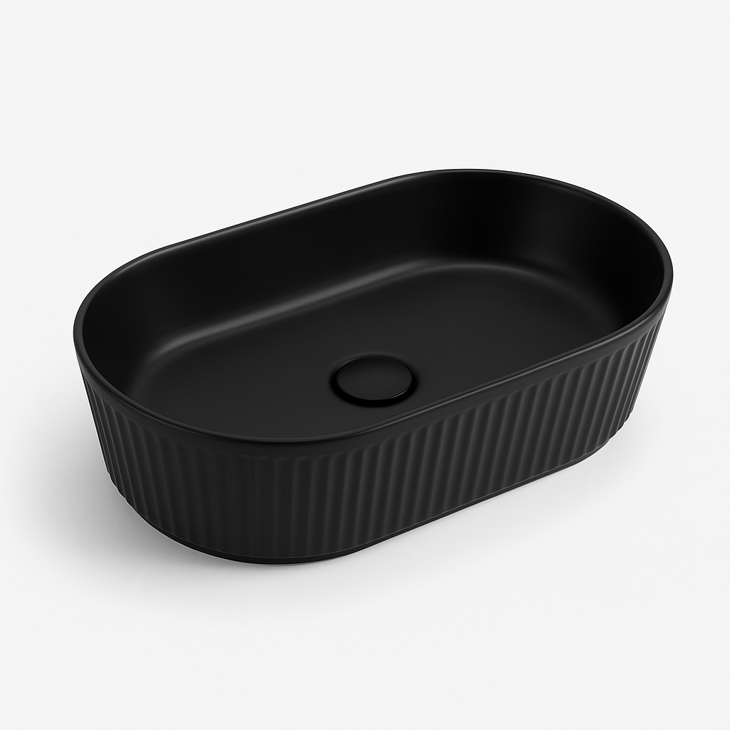 Ribbed Oval Ceramic Basin – Full Matte Black