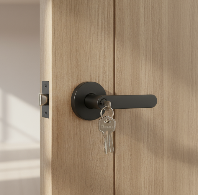 Wooden door with a black handle and key in a bright room with sunlight streaming through a window.