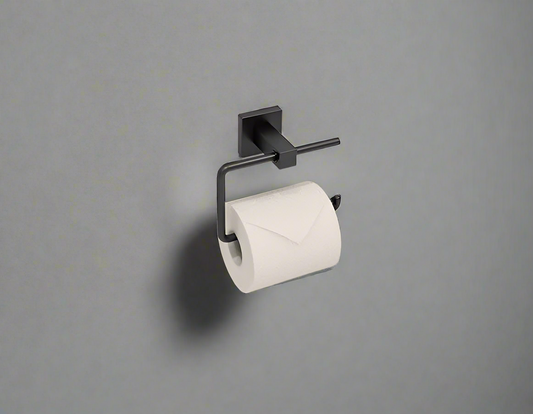 A wall-mounted black stainless steel toilet paper holder with a roll of toilet paper.