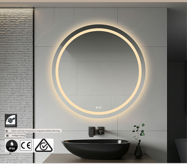 Round illuminated mirror in a modern bathroom setting with a black sink.