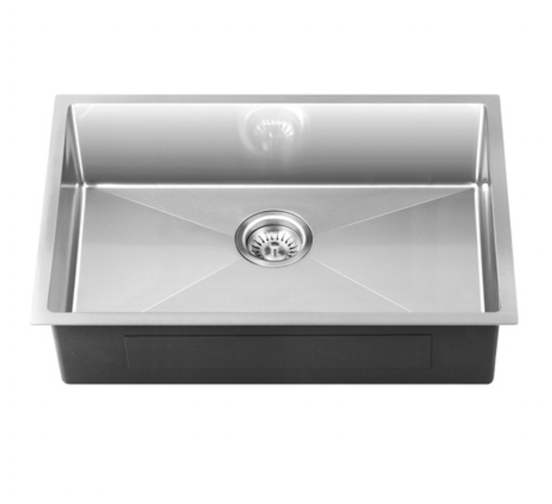 Stainless steel kitchen sink on a white background