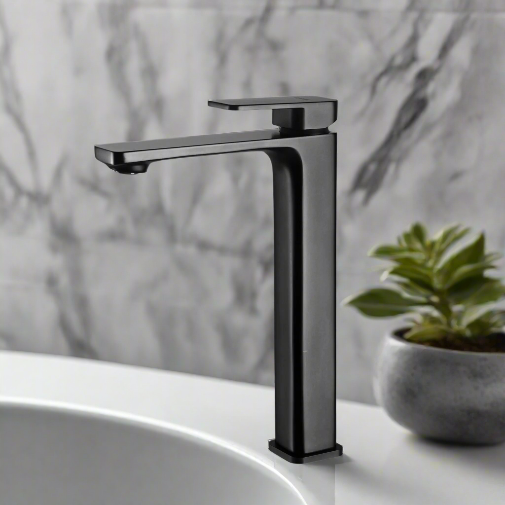 A tall, matt black basin mixer tap made of brass