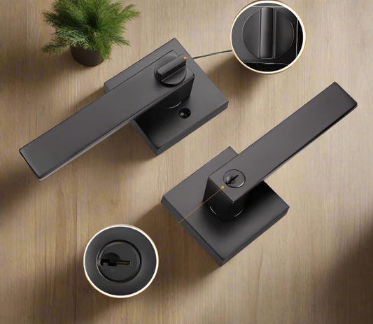 A black heavy duty door handle entry lock set with a keyhole, displayed on a wooden surface. The product image shows the door handle from two different angles, one normal and one zoomed-in on the keyhole, along with a close-up of the door lever.