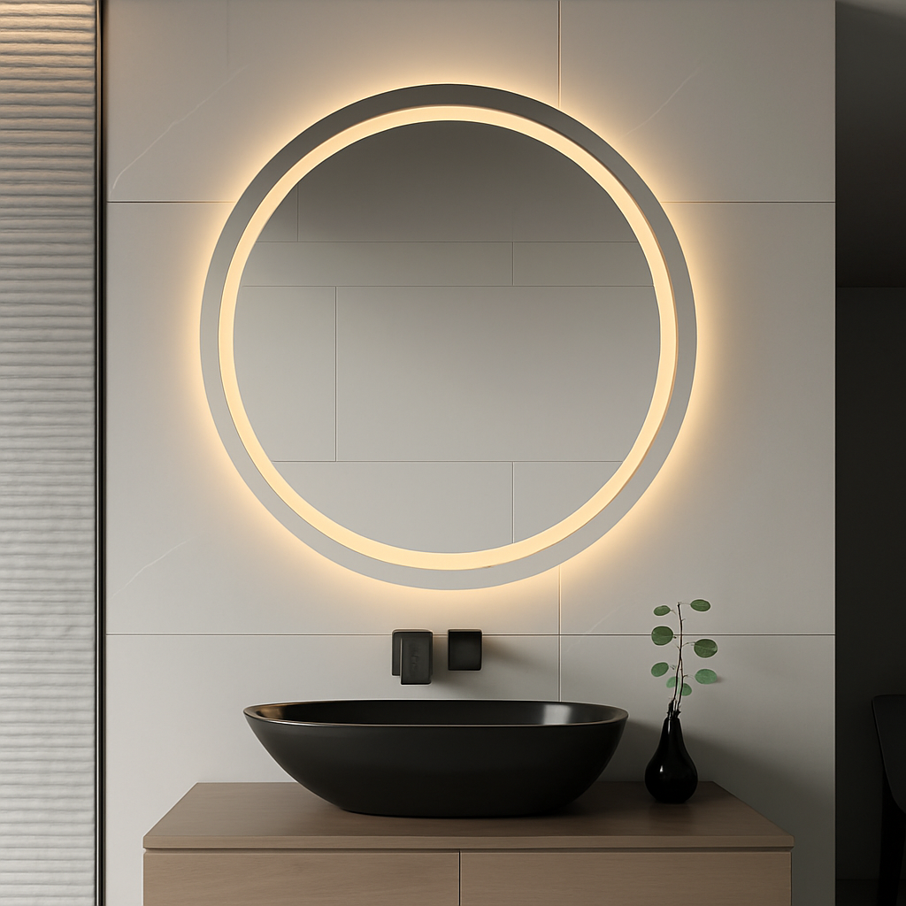 Round illuminated mirror above a black sink in a modern bathroom setting.