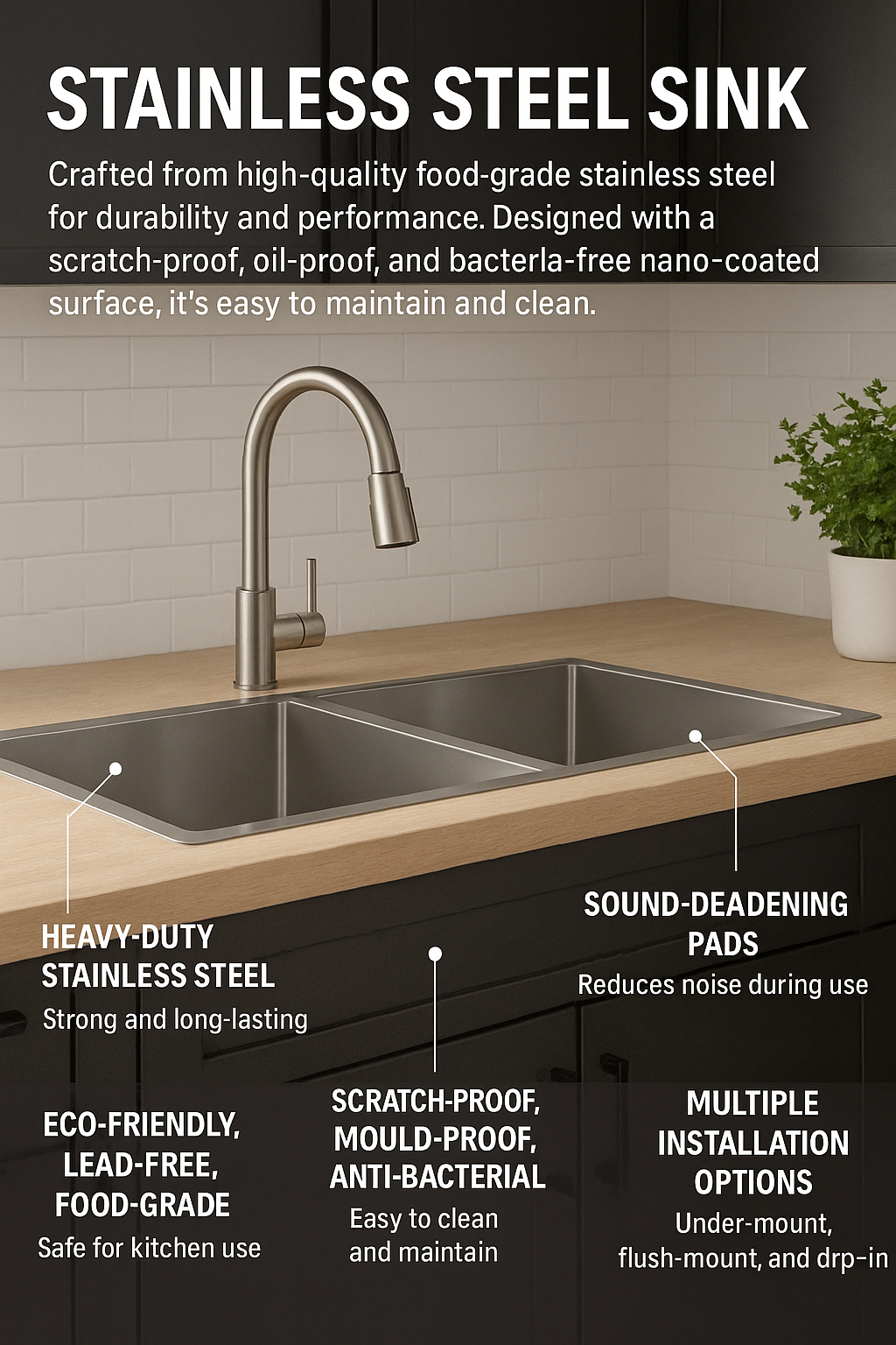 Stainless steel sink with faucet on a kitchen counter, featuring about its features.