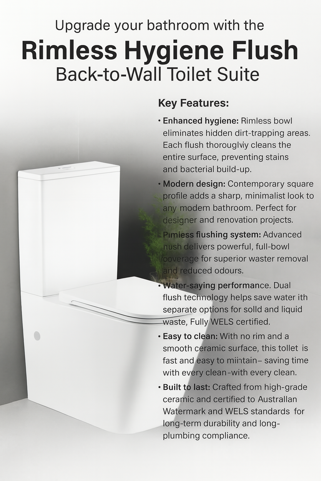 Advertisement for Rimless Hygiene Flush Back-to-Wall Toilet Suite