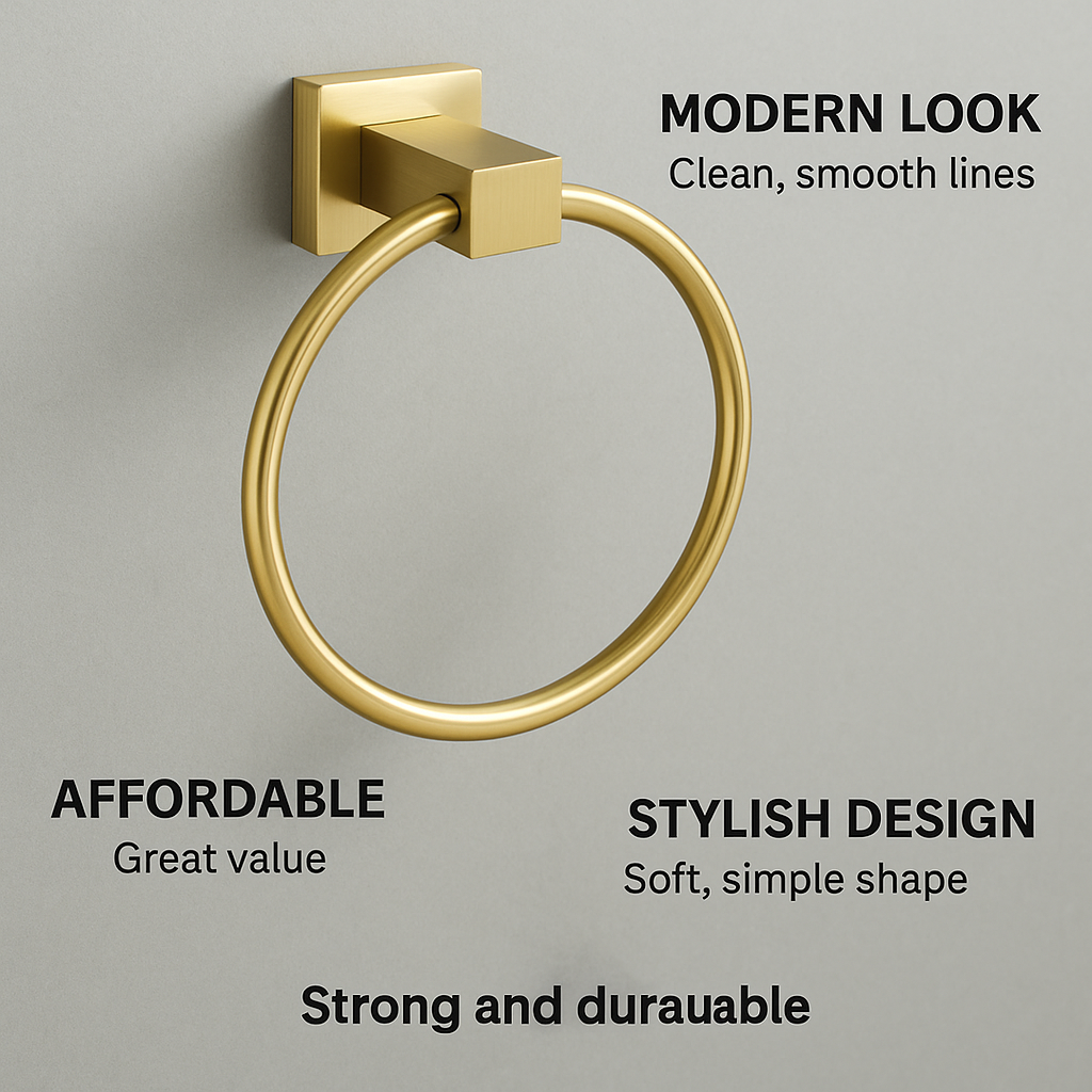 Gold towel ring describing its features.