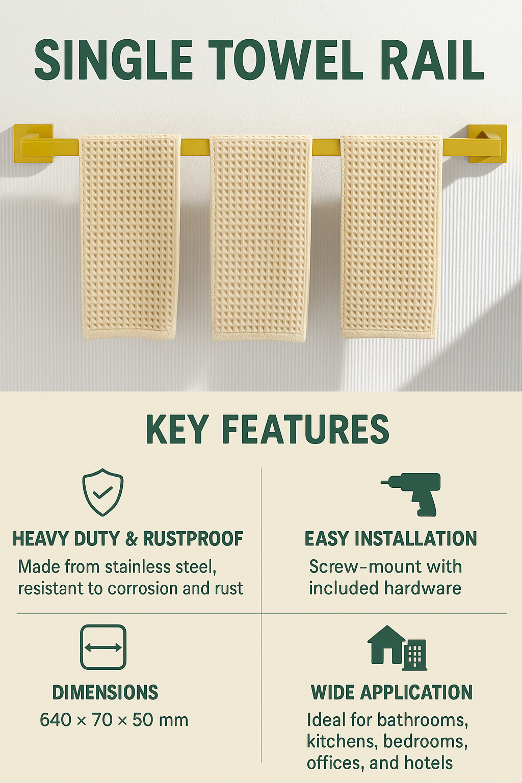 Single towel rail with three beige towels hanging on it, featuring key features