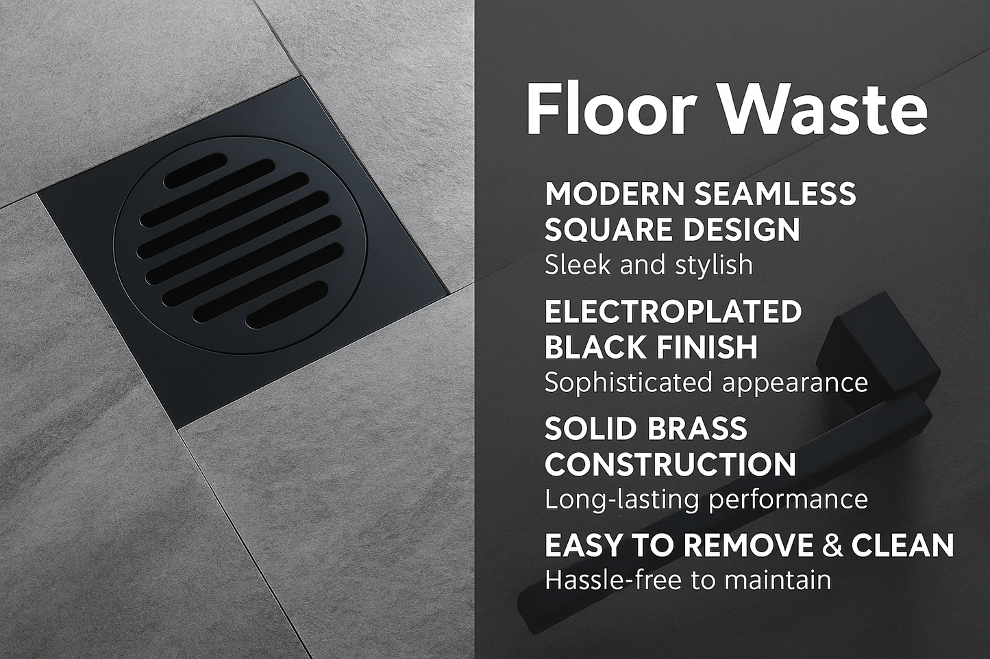 Black floor drain cover on a gray tiled floor with product features