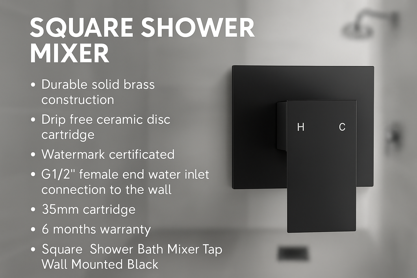 Black square shower mixer with product details