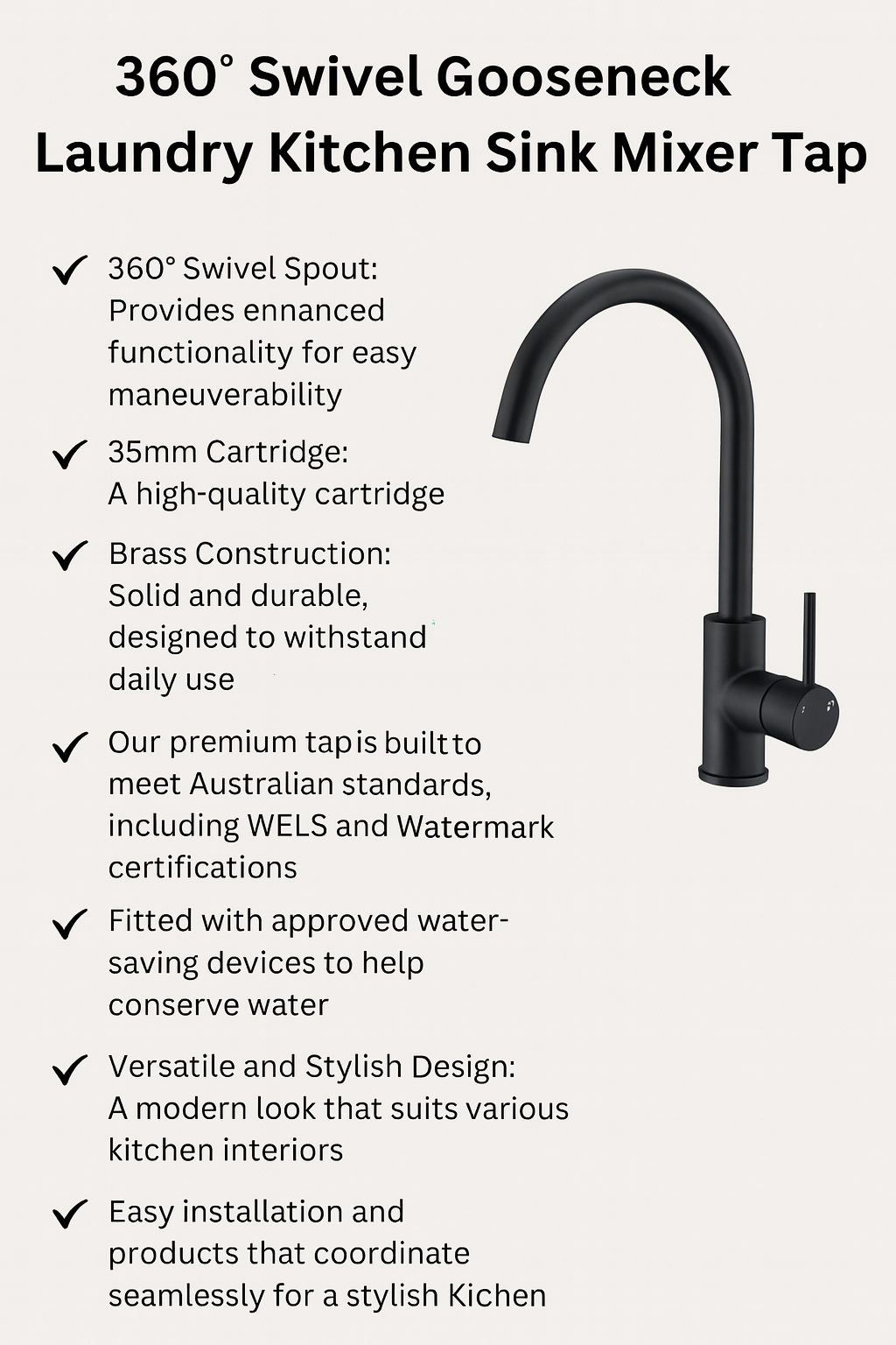 Black kitchen sink mixer tap with features listed