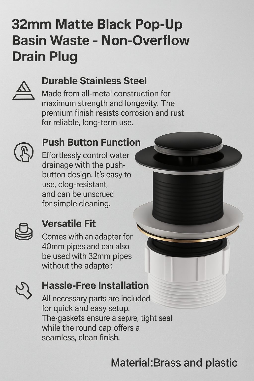32mm Matte Black Pop-Up Basin Waste with product features