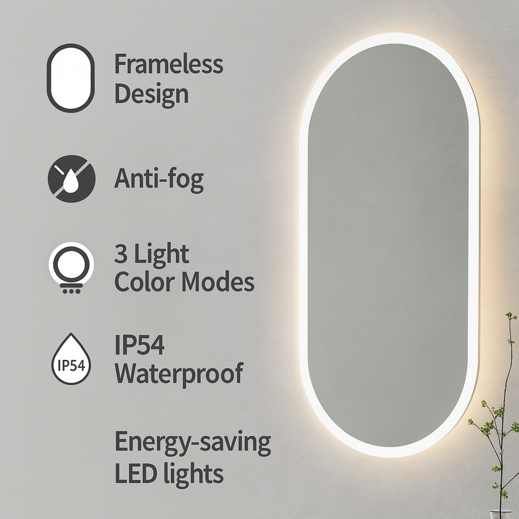 Oval-shaped mirror with LED lighting and its features.
