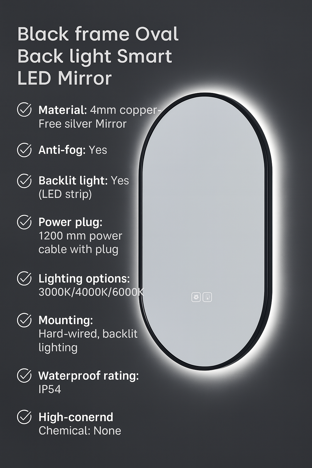 Oval smart LED mirror featuring specifications.