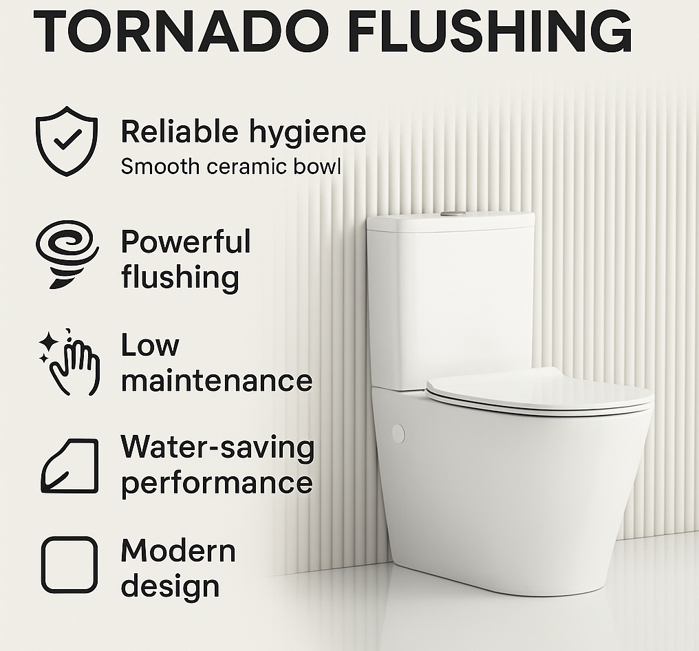 White toilet with features listed on a white background