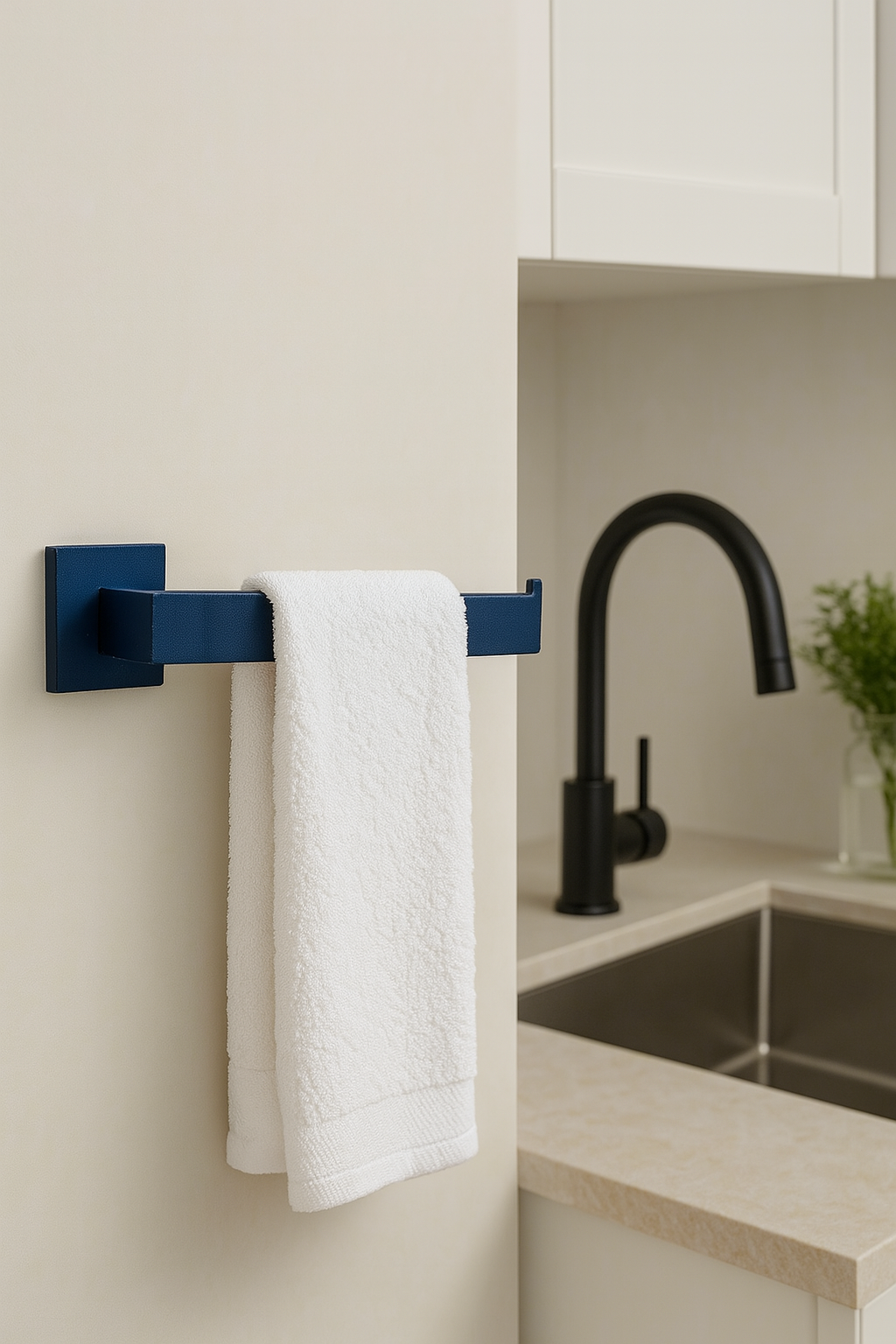 Blue towel rack with a white towel hanging on it next to a kitchen sink with a black faucet.