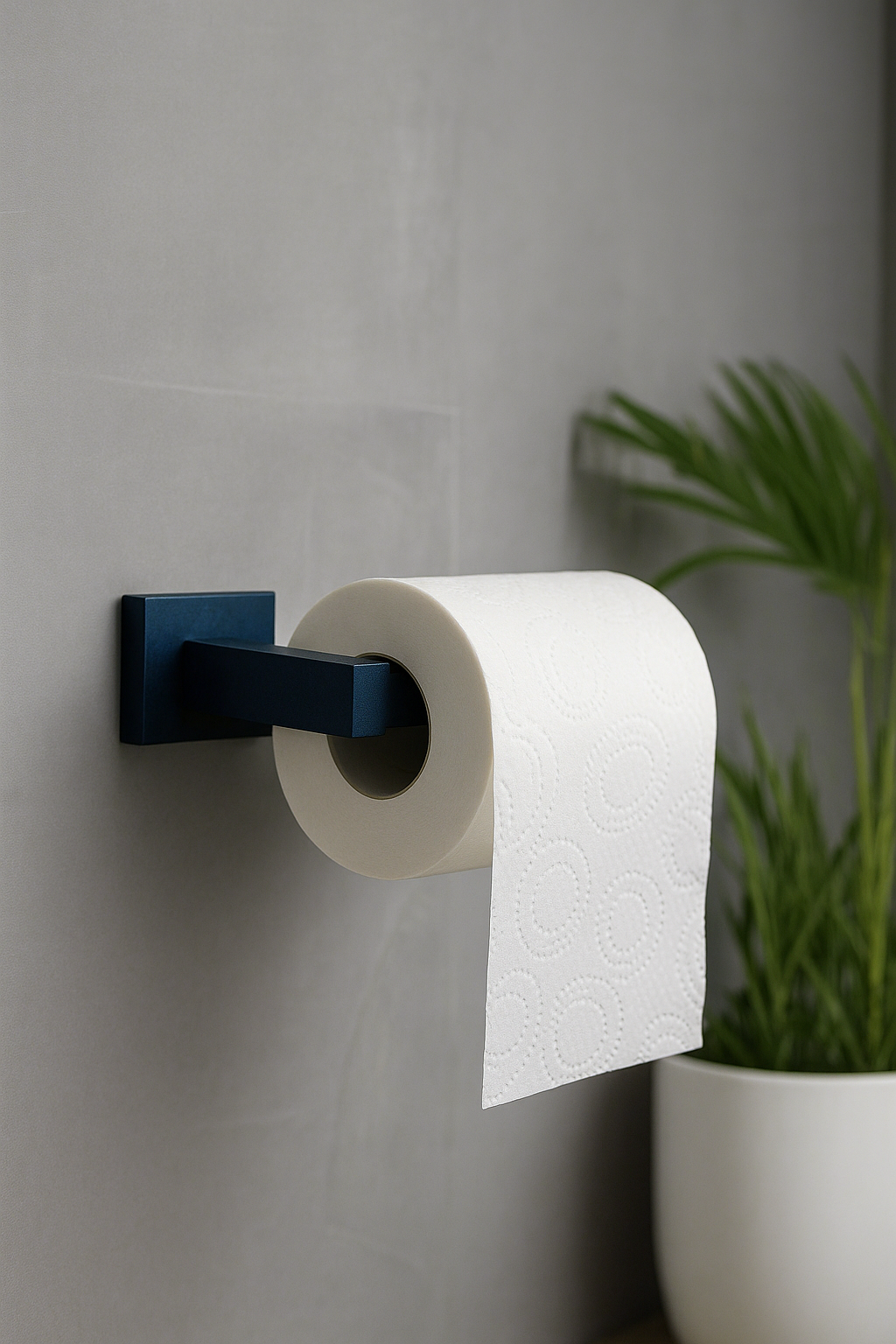 Roll of toilet paper on a black wall-mounted holder with a plant in the background.