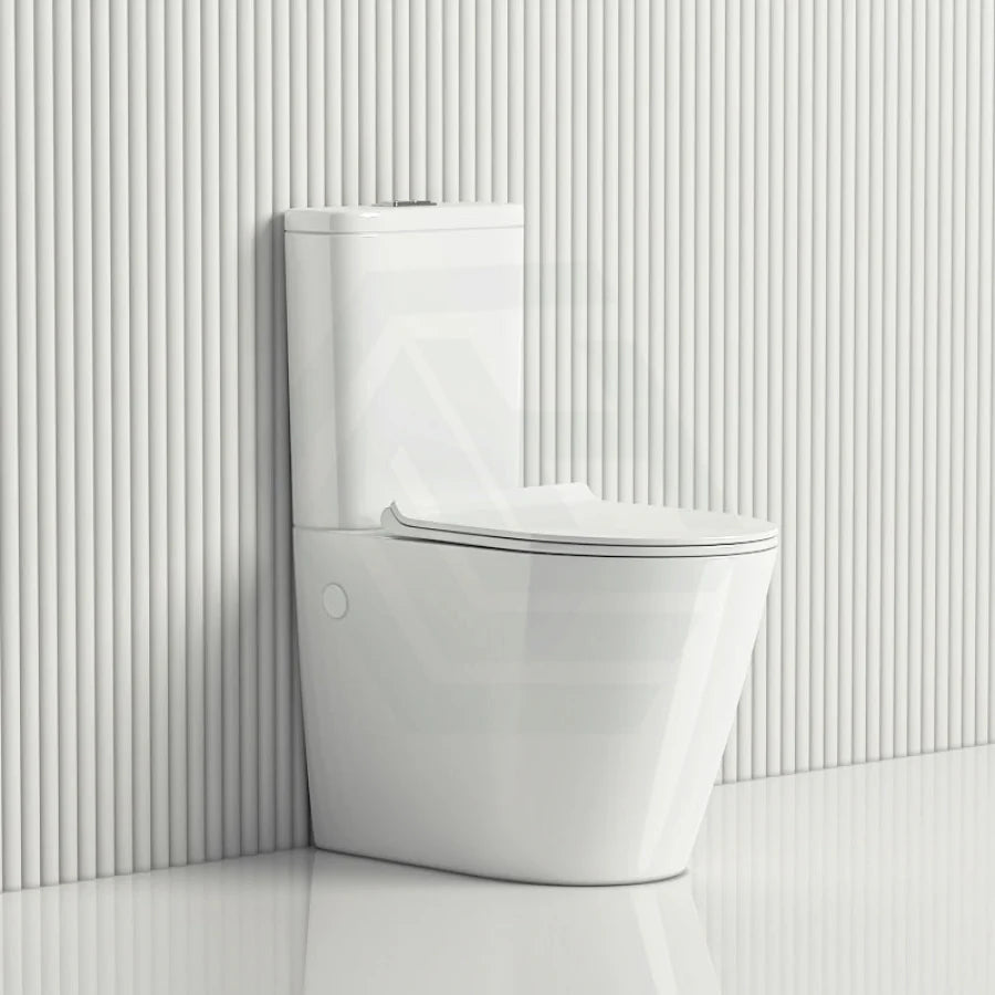 White toilet against a light gray wall with horizontal lines