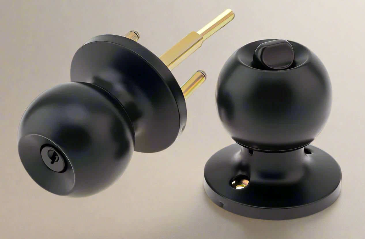 A set of door knobs, one with a keyhole, in a matte black finish.