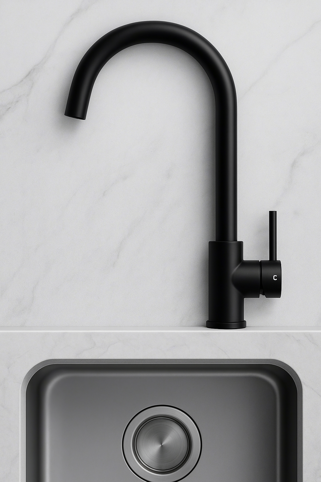Black kitchen faucet above a gray sink on a light gray marble background