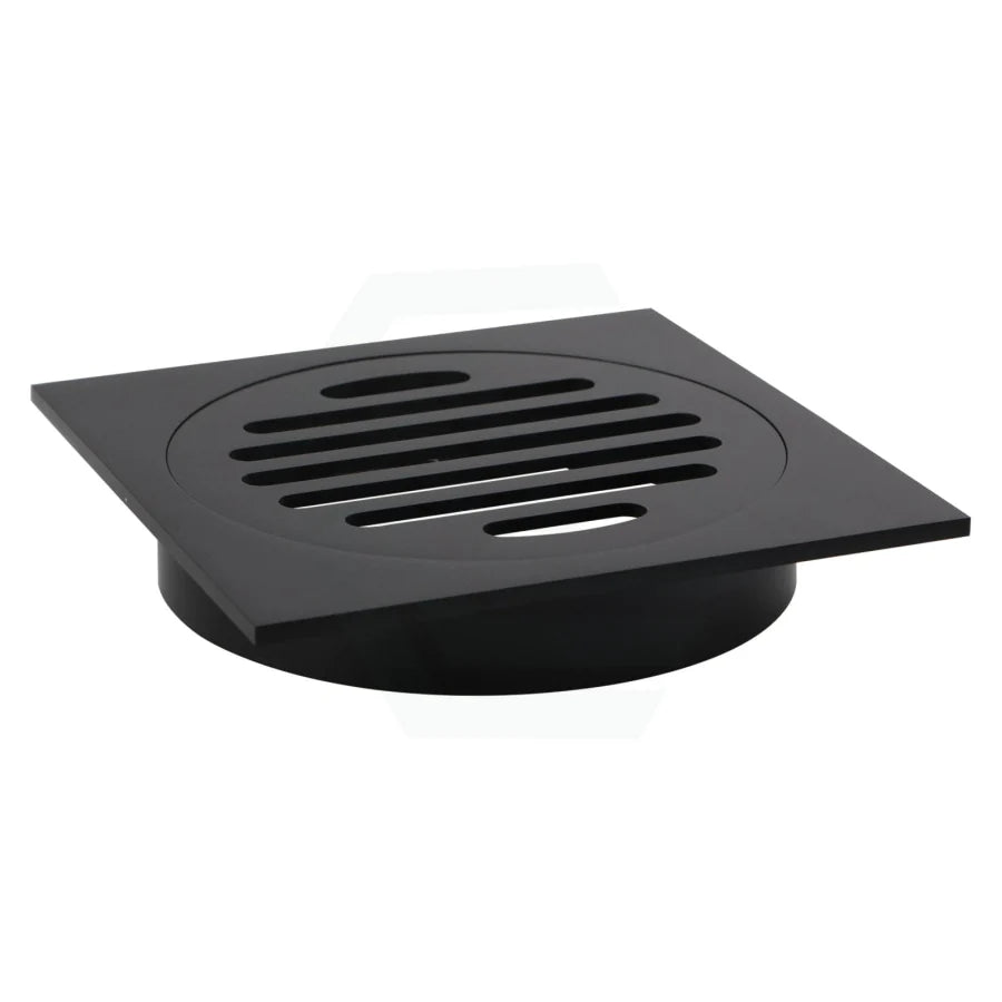 Black square floor drain cover on a white background