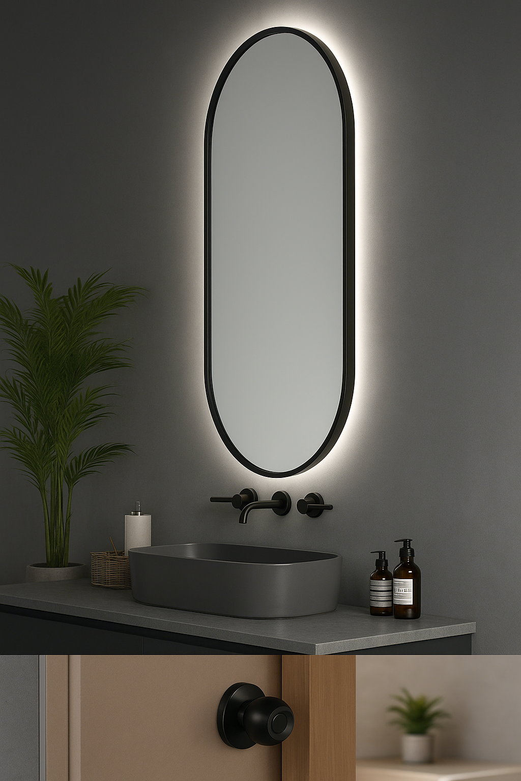 Bathroom with oval mirror, sink, and decorative elements on a dark gray wall.