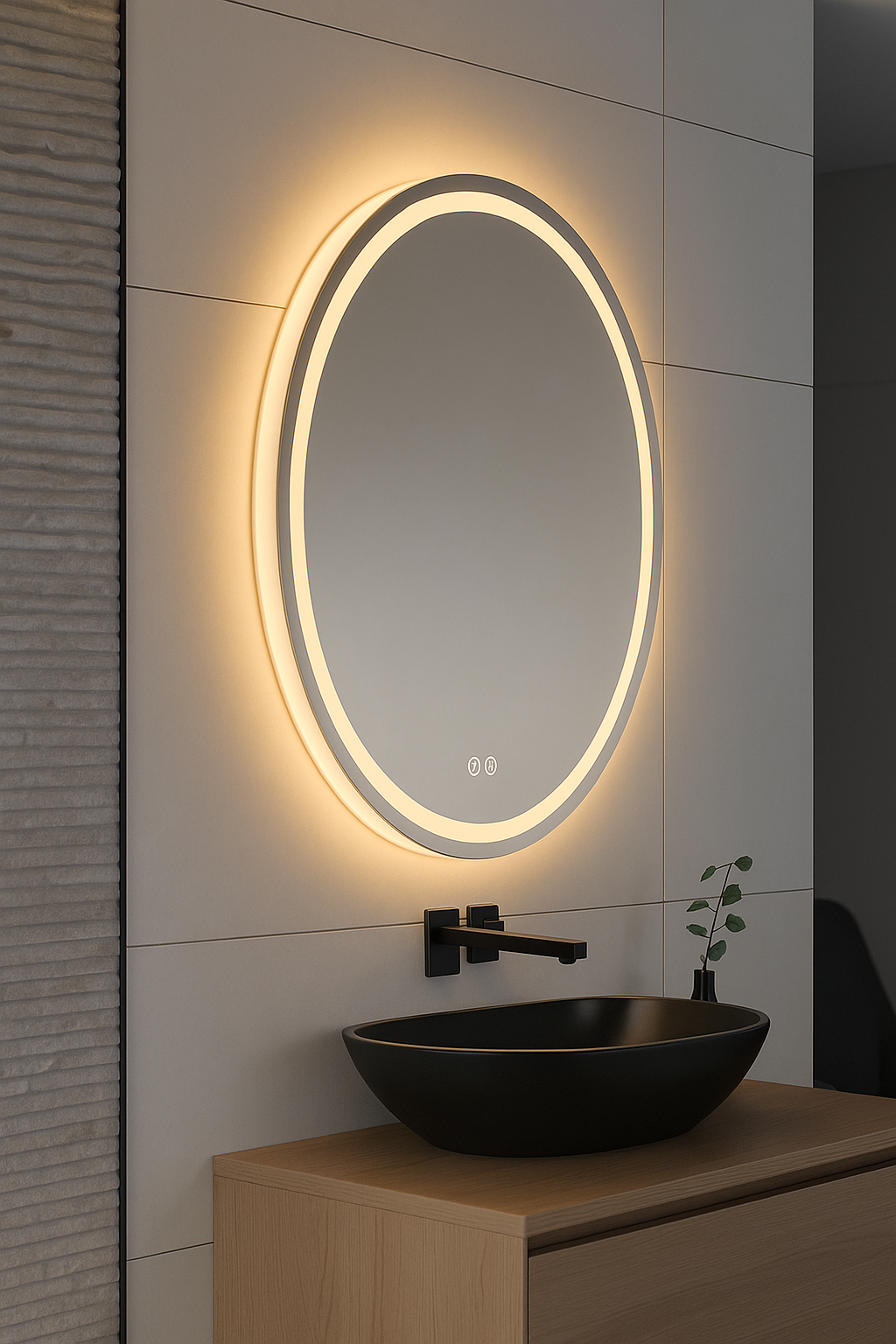 Bathroom vanity with a round illuminated mirror and black sink.