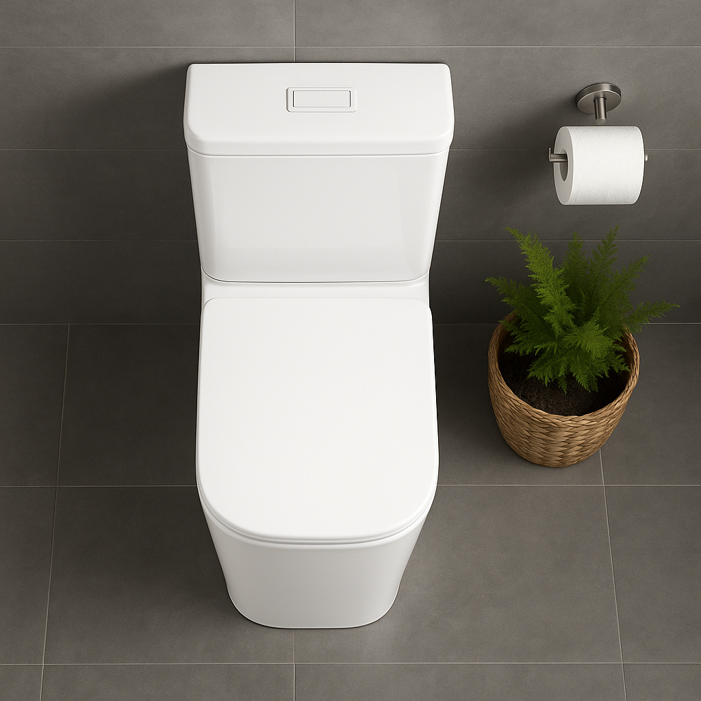White toilet with a plant and toilet paper holder on a tiled bathroom wall.