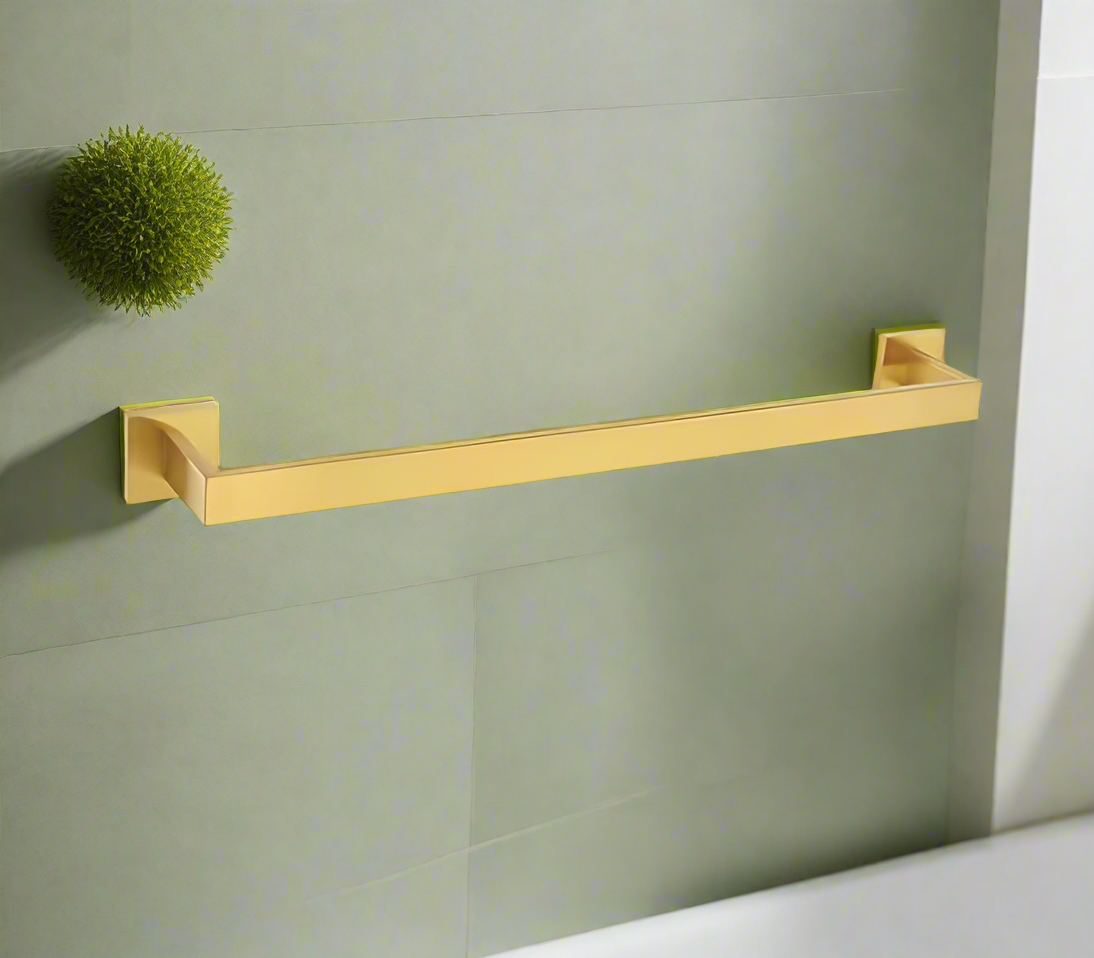 A matte black single towel rack with a square base, mounted on a wall with a towel hanging on it.