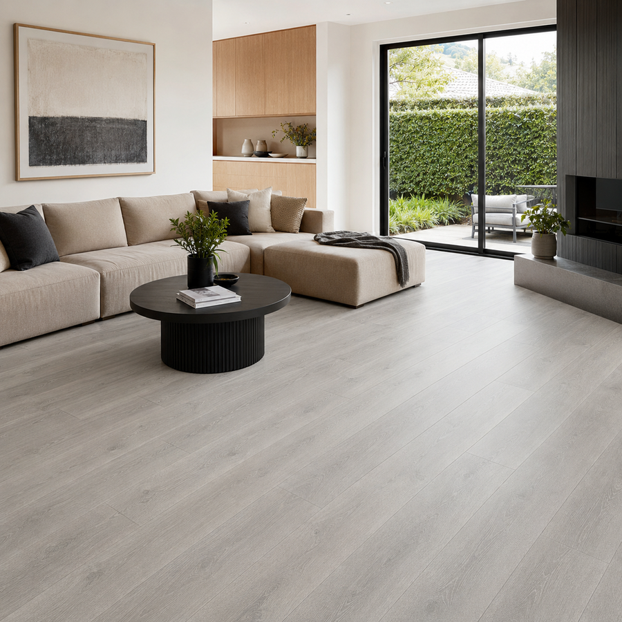 Laminate Flooring collection – light grey oak straight-plank flooring