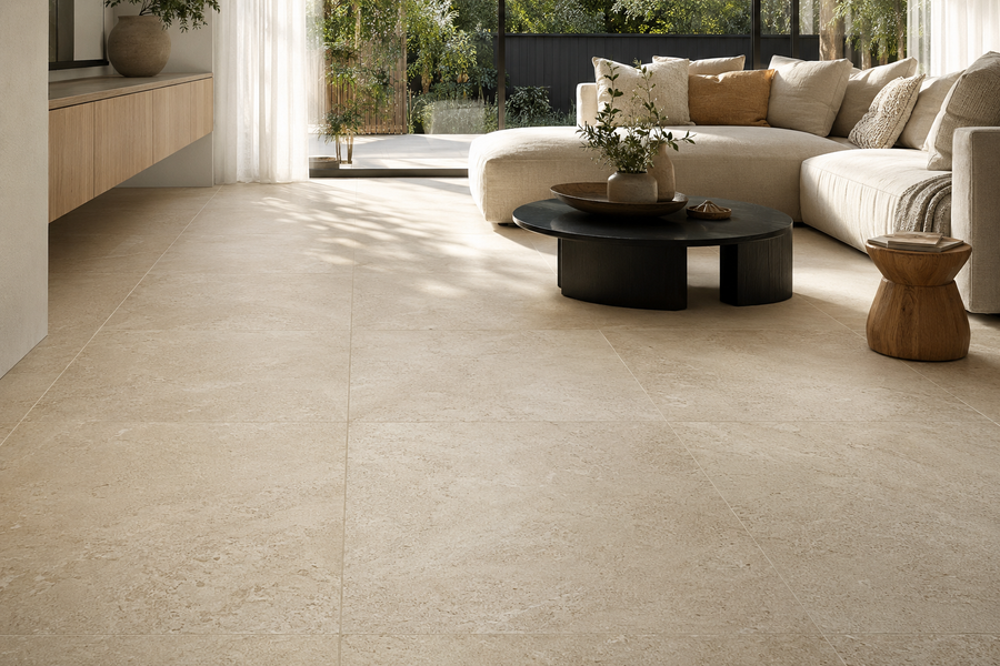 Warm contemporary living room showcasing large-format beige floor tiles