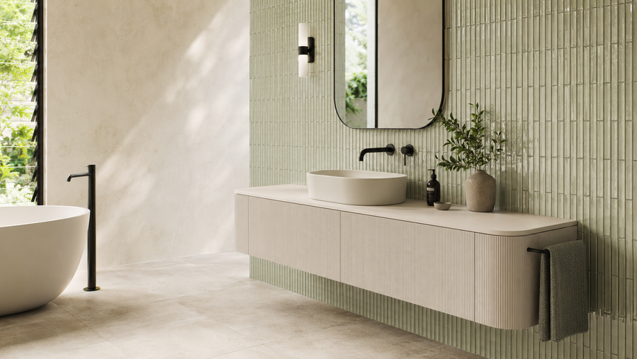 Contemporary bathroom with pale sage finger mosaic feature wall