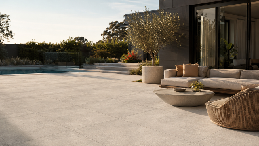 Modern Australian alfresco with pale outdoor porcelain tiles and pool edge