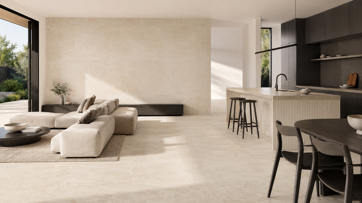 Warm contemporary Australian interior with light beige porcelain tiles