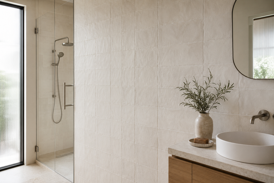 Contemporary bathroom showcasing warm-white wall tiles