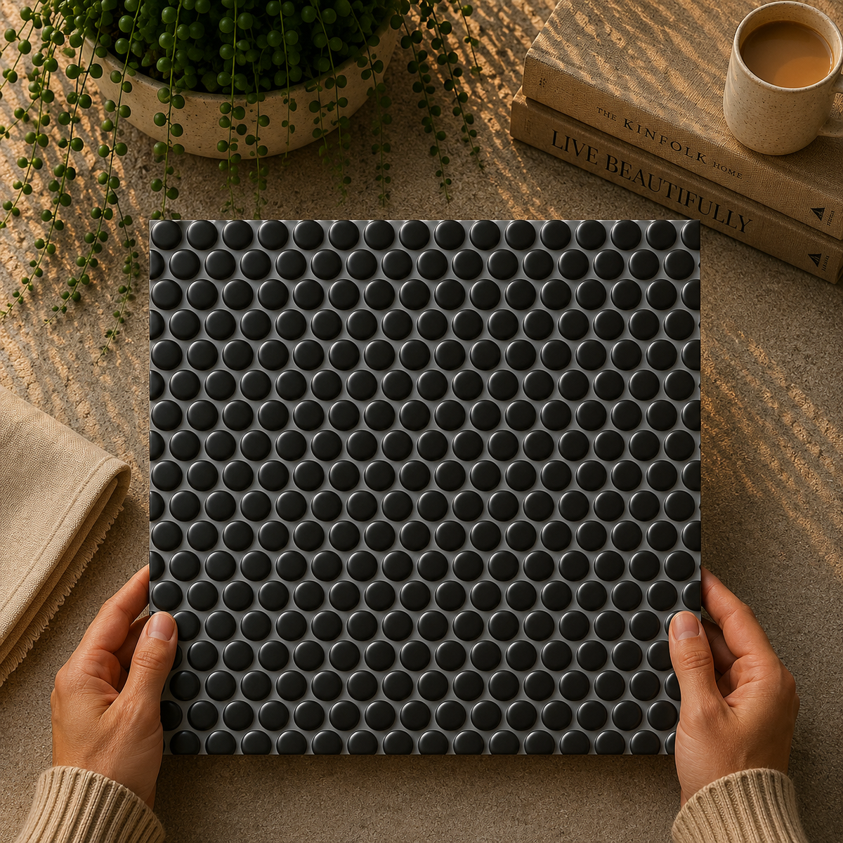 Black porcelain penny round mosaic lifestyle setting