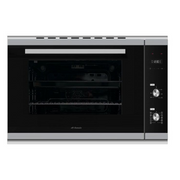 Stainless steel oven with digital display on a white background