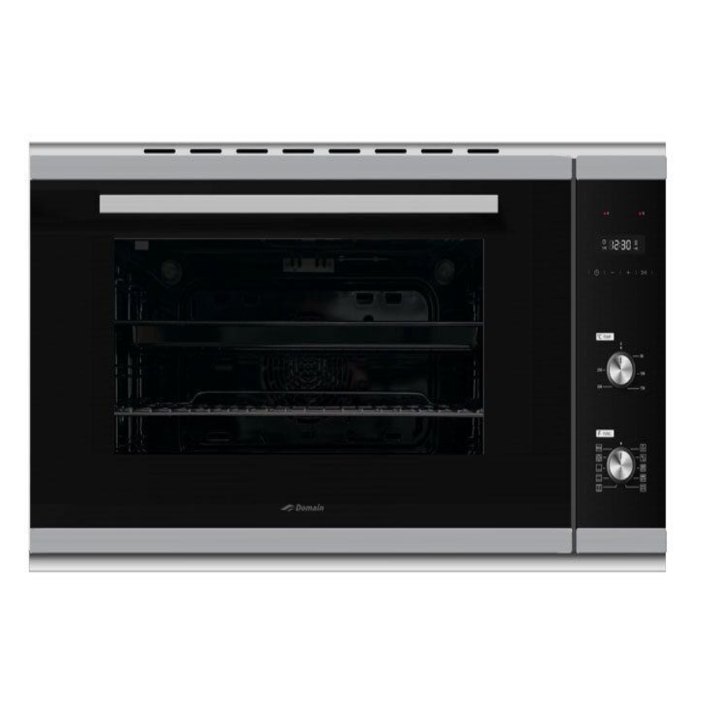 Stainless steel oven with digital display on a white background