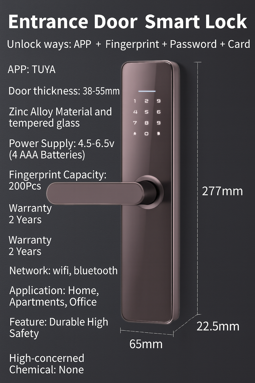 Entrance Door Smart Lock – Black Digital Keyless Lock with Fingerprint & App Control
