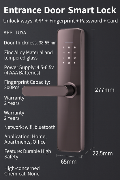 Entrance Door Smart Lock – Black Digital Keyless Lock with Fingerprint & App Control